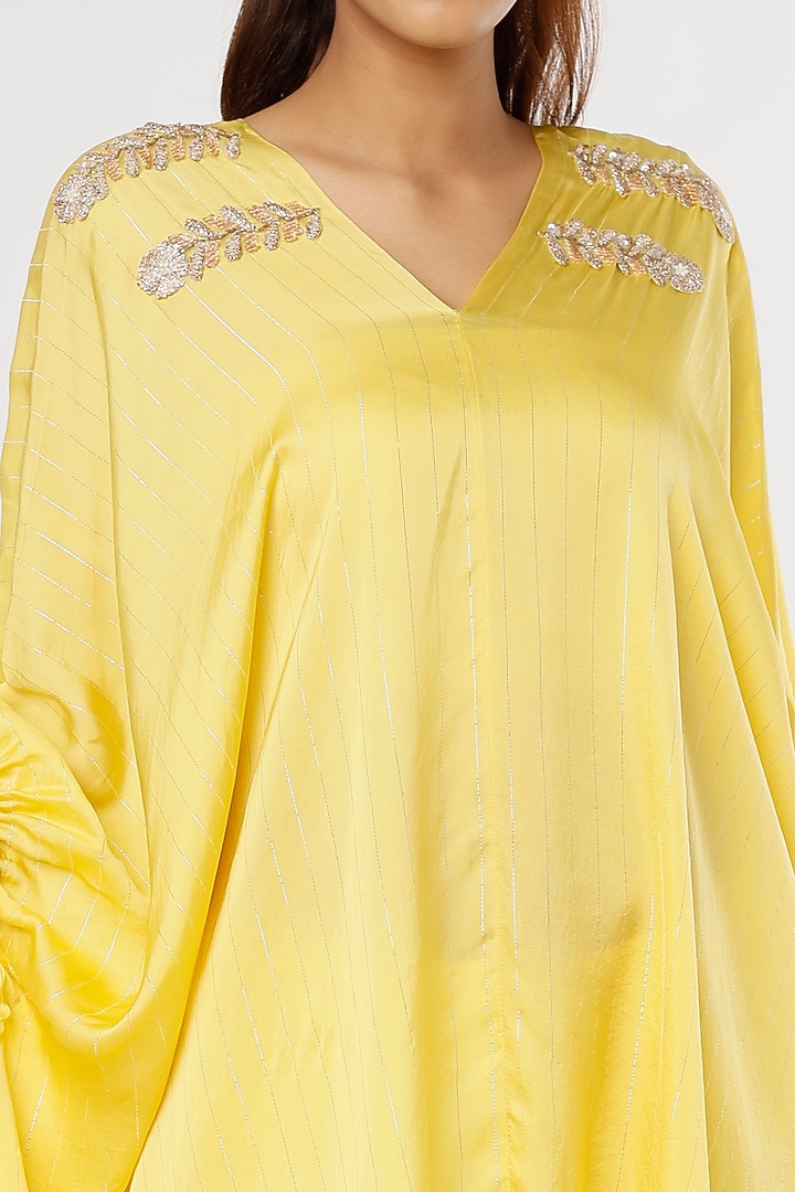 Yellow Satin Smocked Tunic by Shruti Ranka at Pernia's Pop Up Shop