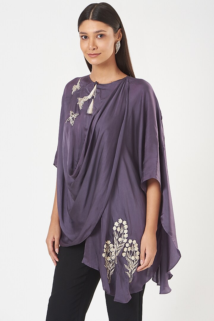 Purple Satin Draped Tunic by Shruti Ranka at Pernia's Pop Up Shop