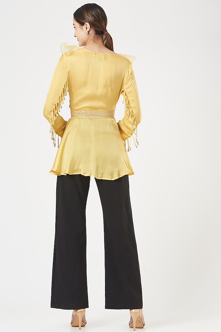 Yellow Satin Ruffled Tunic by Shruti Ranka at Pernia's Pop Up Shop