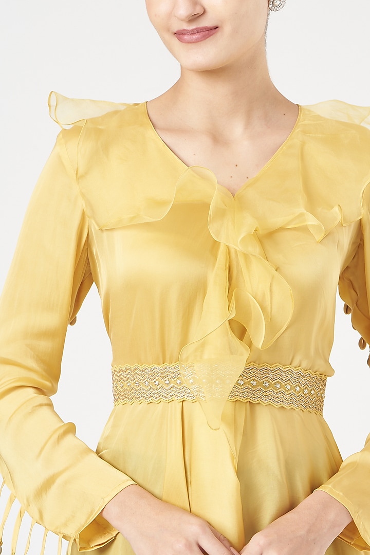 Yellow Satin Ruffled Tunic by Shruti Ranka at Pernia's Pop Up Shop