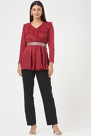 Red Satin Ruffled Tunic by Shruti Ranka