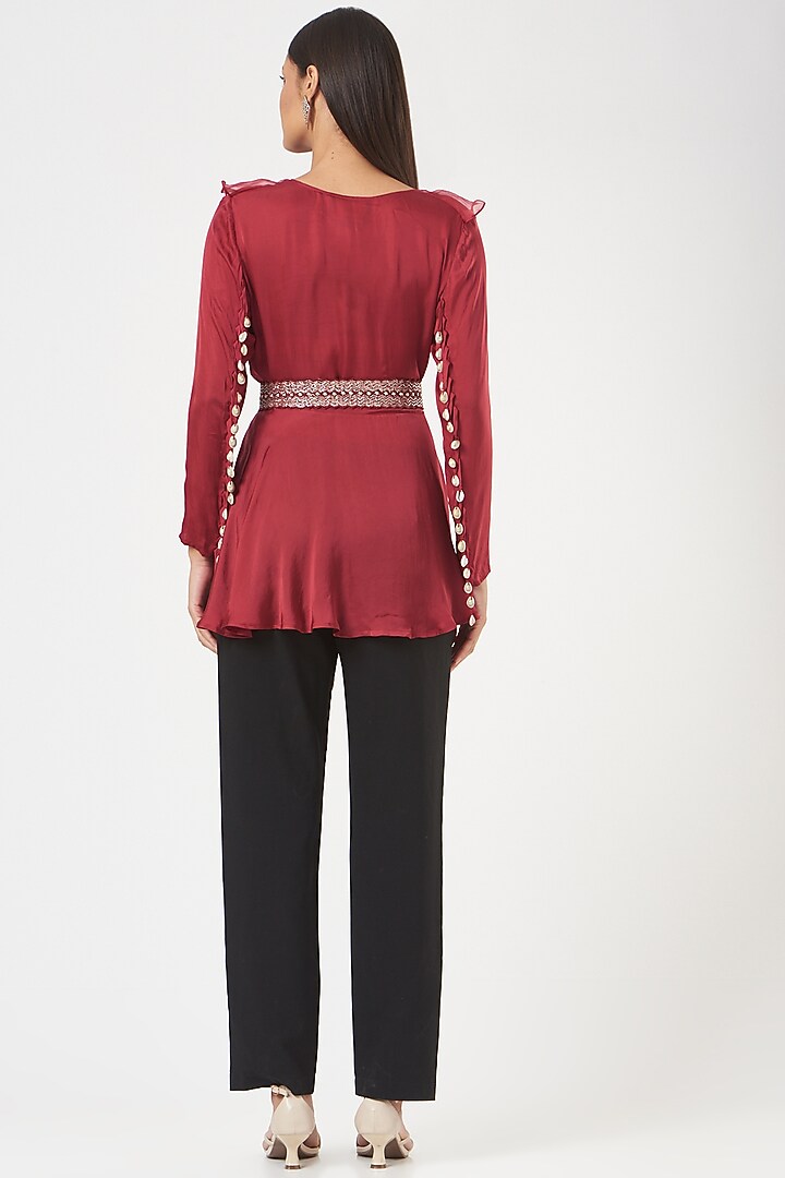 Red Satin Ruffled Tunic by Shruti Ranka at Pernia's Pop Up Shop