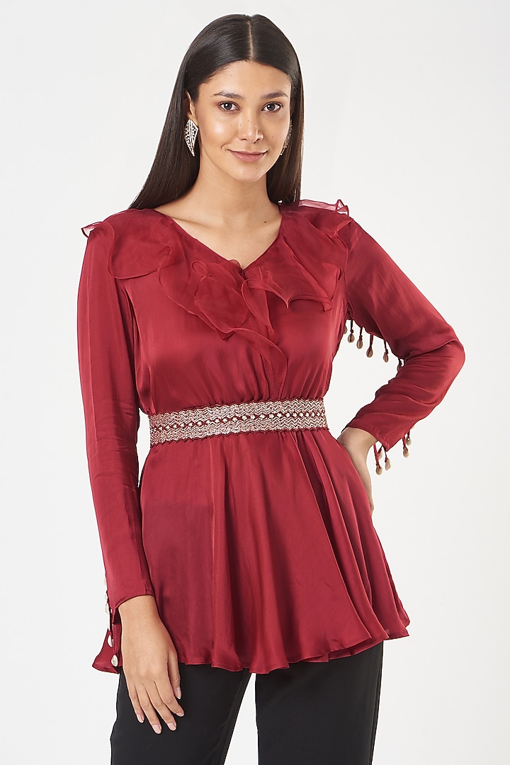 Red Satin Ruffled Tunic by Shruti Ranka at Pernia's Pop Up Shop