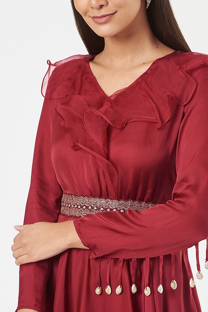 Red Satin Ruffled Tunic by Shruti Ranka at Pernia's Pop Up Shop