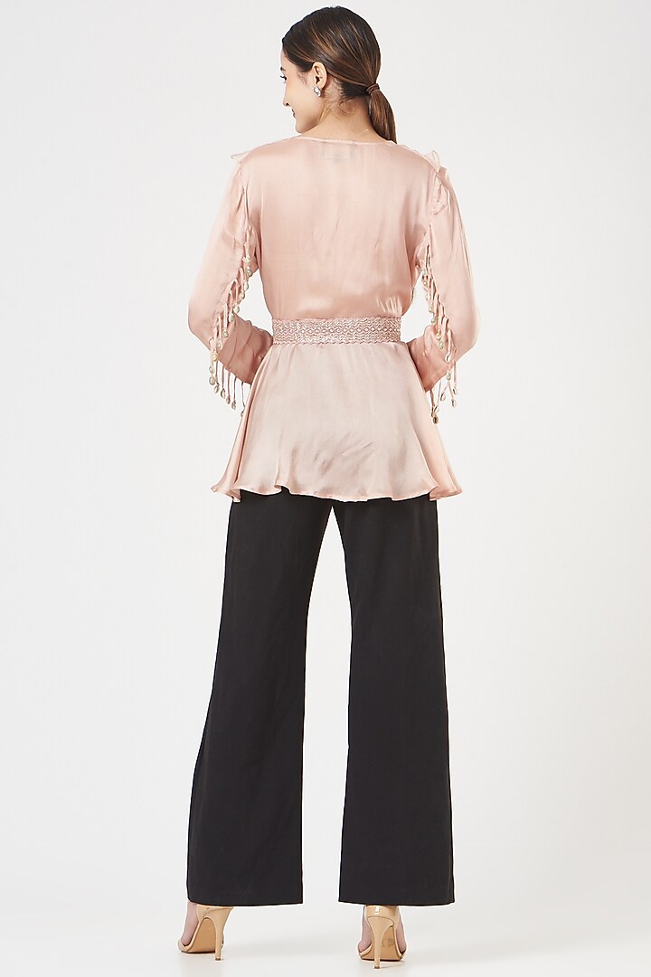 Blush Pink Satin Ruffled Tunic by Shruti Ranka at Pernia's Pop Up Shop