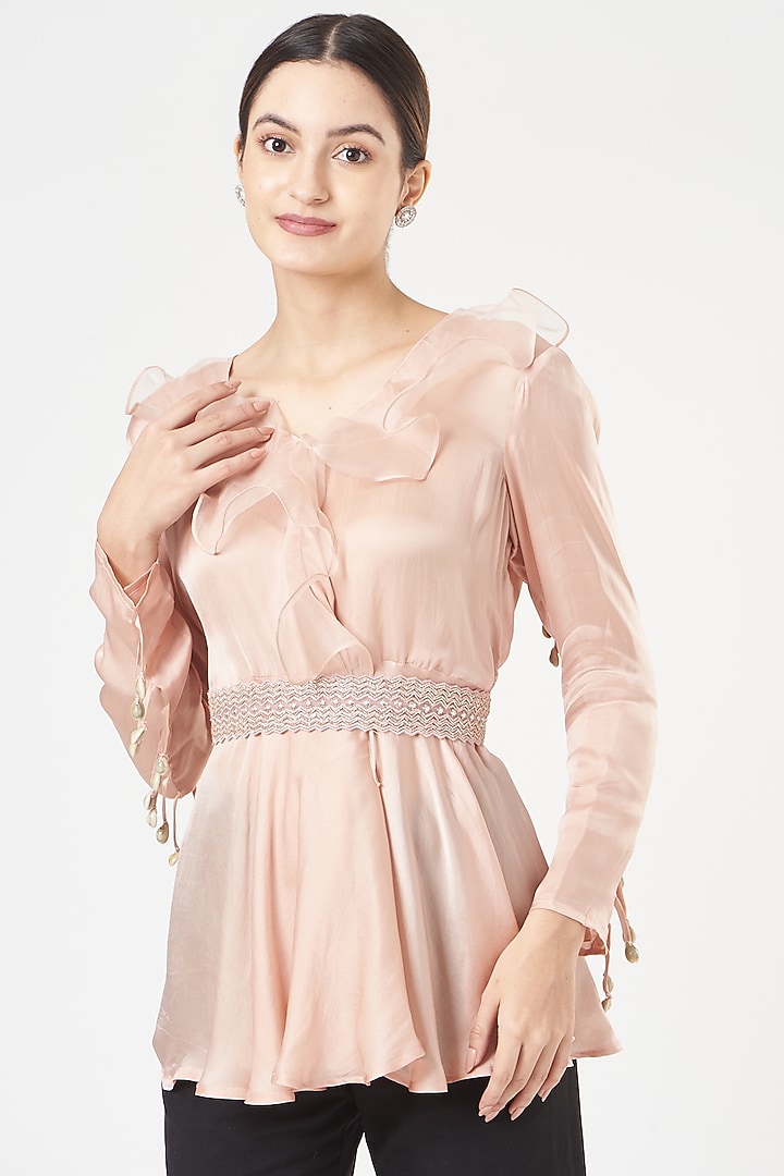 Blush Pink Satin Ruffled Tunic by Shruti Ranka at Pernia's Pop Up Shop