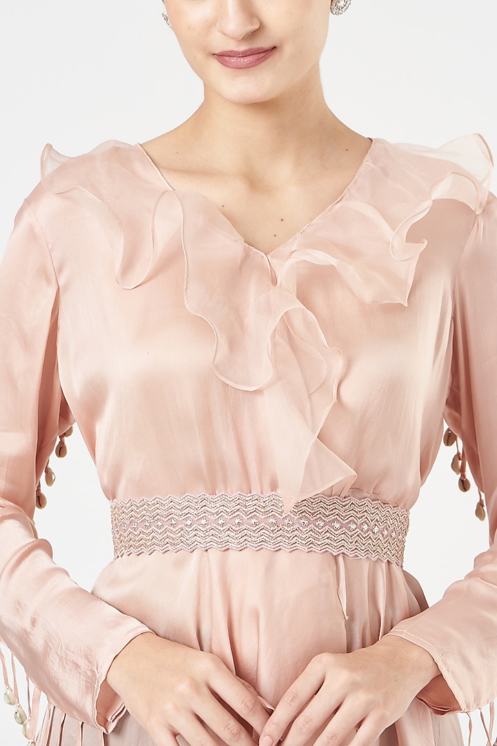 Blush Pink Satin Ruffled Tunic by Shruti Ranka at Pernia's Pop Up Shop