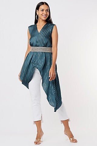 Teal Asymmetrical Tunic With Belt by Shruti Ranka