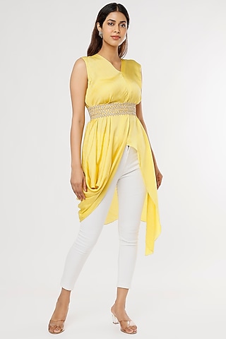 Yellow Satin Lurex Asymmetrical Tunic by Shruti Ranka