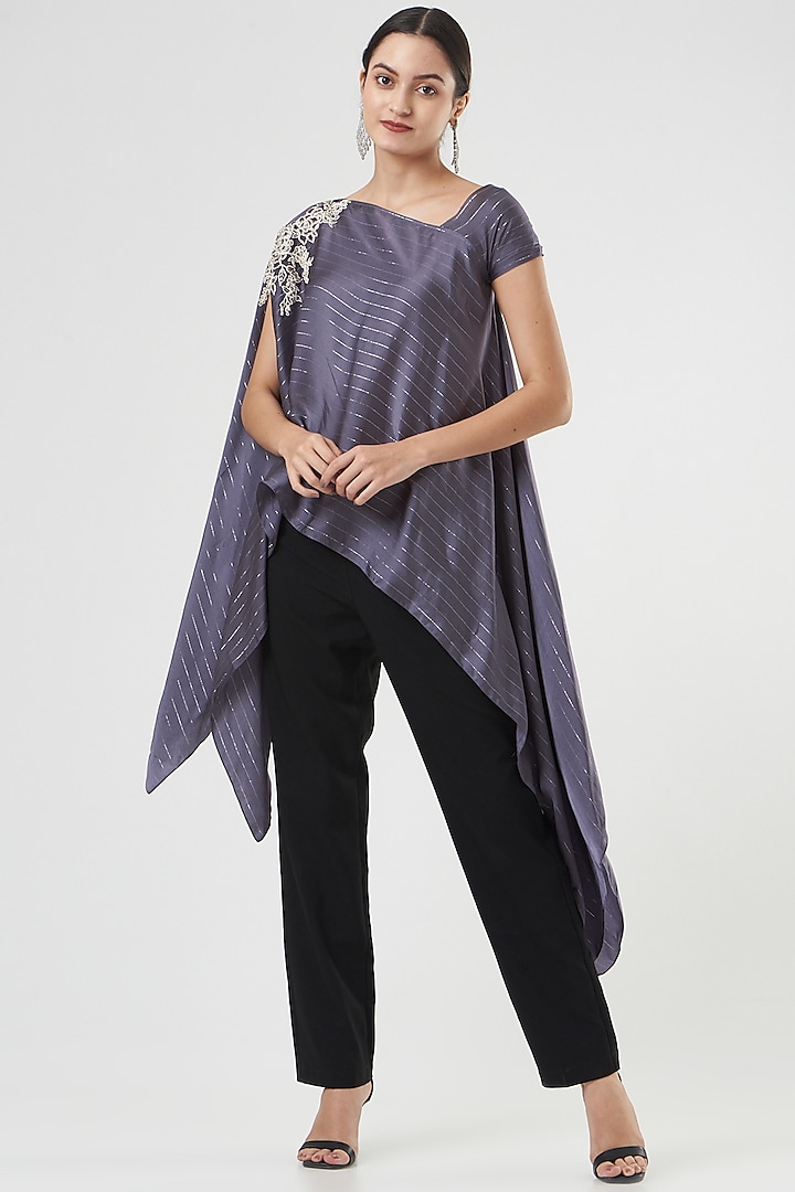 Purple Cotton Satin Asymmetrical Tunic by Shruti Ranka