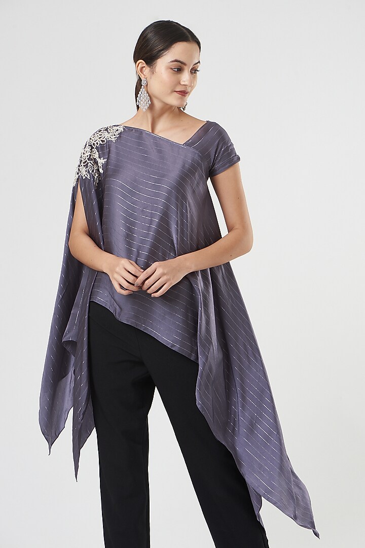 Purple Cotton Satin Asymmetrical Tunic by Shruti Ranka at Pernia's Pop Up Shop