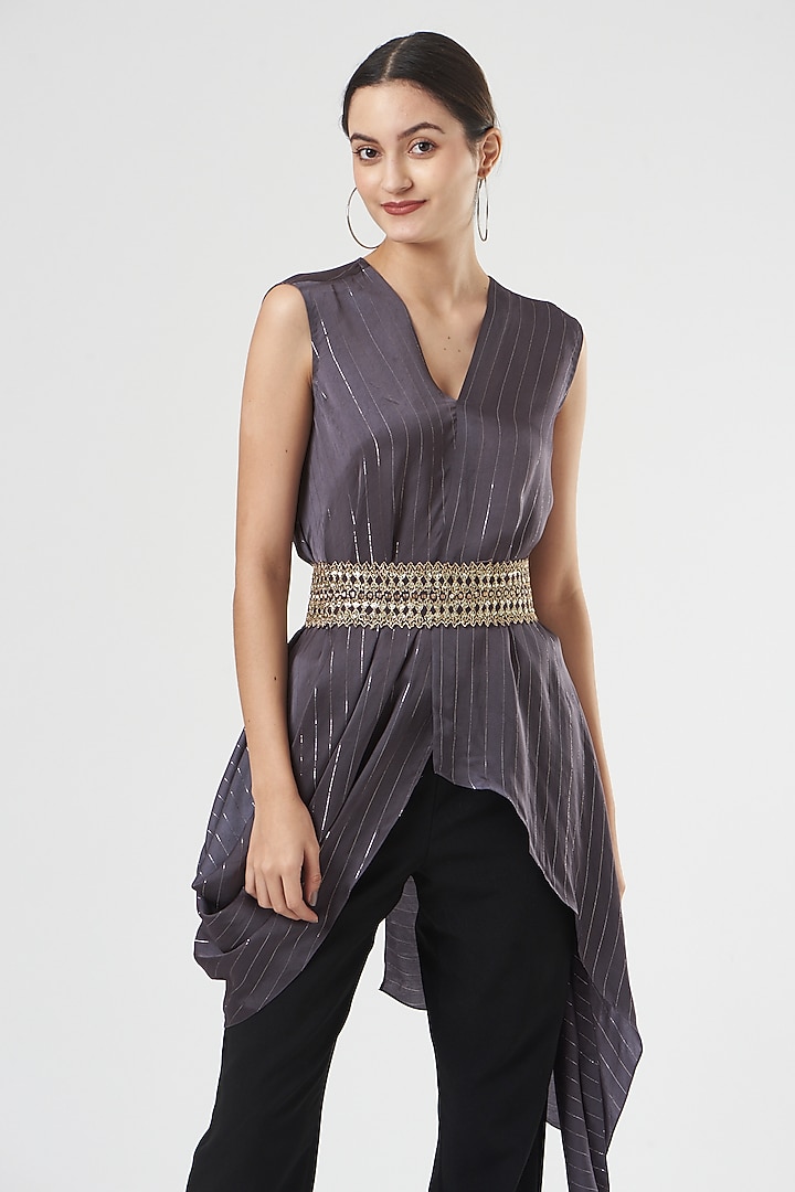 Purple Cotton Satin Cowl Asymmetrical Tunic by Shruti Ranka at Pernia's Pop Up Shop
