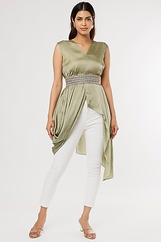 Olive Green Satin Lurex Asymmetrical Tunic by Shruti Ranka