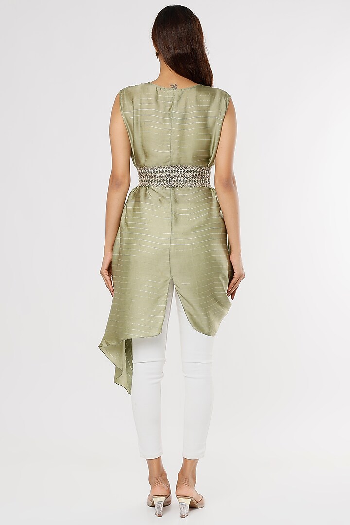Olive Green Satin Lurex Asymmetrical Tunic by Shruti Ranka at Pernia's Pop Up Shop
