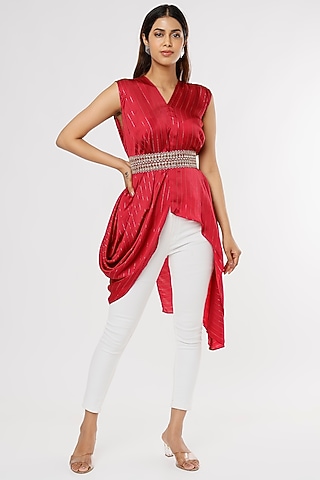 Red Satin Lurex Asymmetrical Tunic by Shruti Ranka