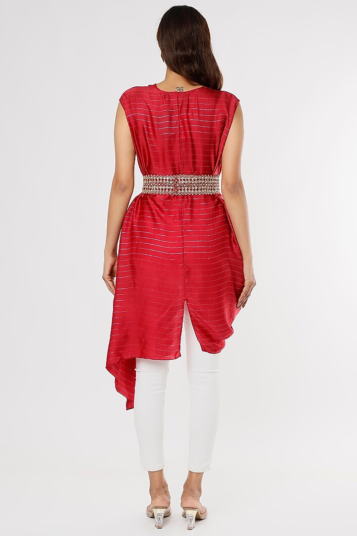 Red Satin Lurex Asymmetrical Tunic by Shruti Ranka at Pernia's Pop Up Shop