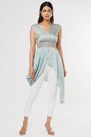 Sky Blue Satin Lurex Asymmetrical Tunic by Shruti Ranka