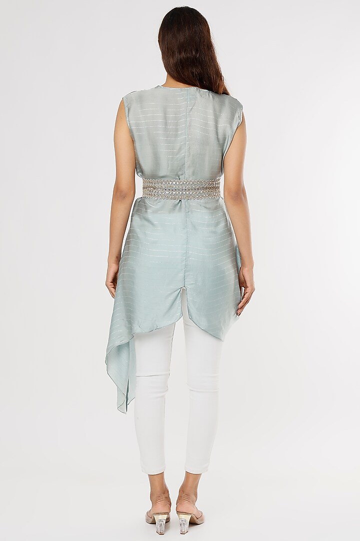 Sky Blue Satin Lurex Asymmetrical Tunic by Shruti Ranka at Pernia's Pop Up Shop