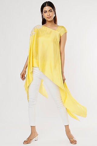 Yellow Satin Asymmetrical Tunic by Shruti Ranka
