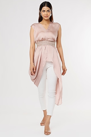 Blush Pink Satin Lurex Asymmetrical Tunic by Shruti Ranka