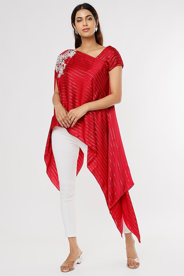 Red Satin Asymmetrical Tunic by Shruti Ranka