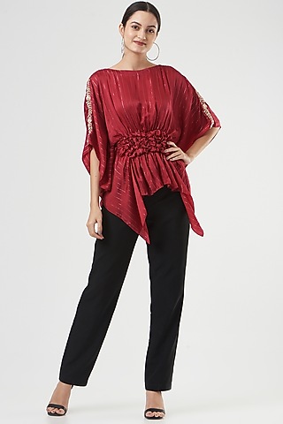 Red Cotton Satin Smocked Tunic by Shruti Ranka