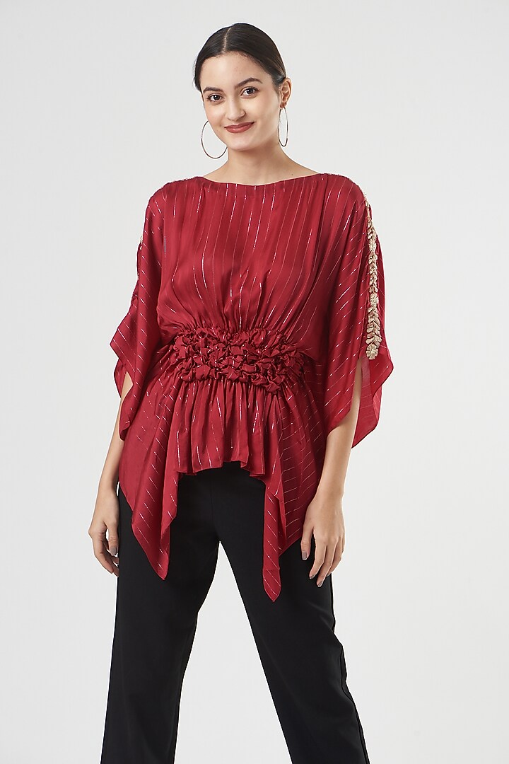 Red Cotton Satin Smocked Tunic by Shruti Ranka at Pernia's Pop Up Shop
