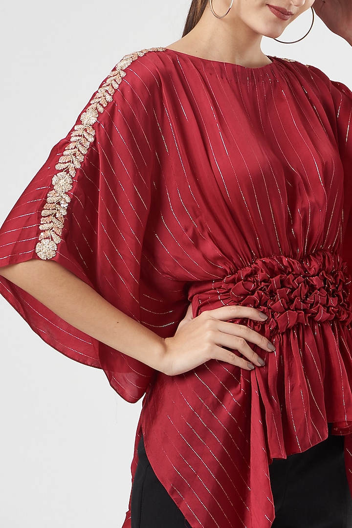 Red Cotton Satin Smocked Tunic by Shruti Ranka at Pernia's Pop Up Shop