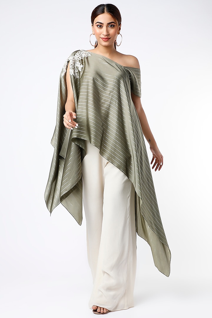 Olive & Ivory Asymmetrical Tunic Set by Shruti Ranka