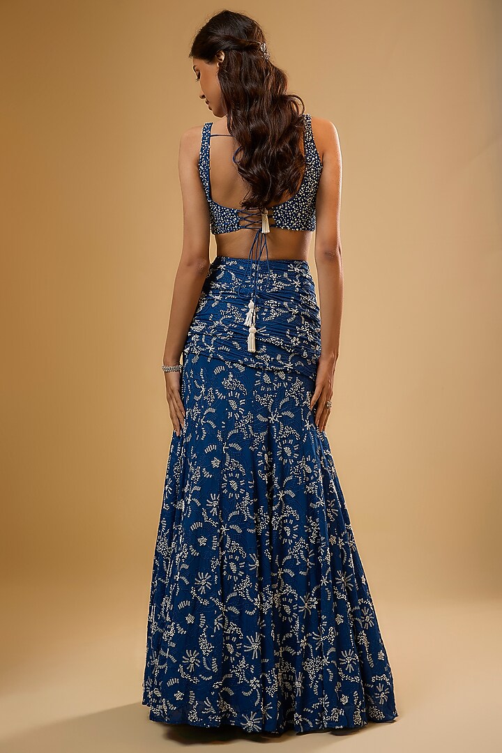 Blue Viscose Georgette Embroidered Fish-Cut Lehenga Set For Girls by Starflower by Renee Label at Pernia's Pop Up Shop