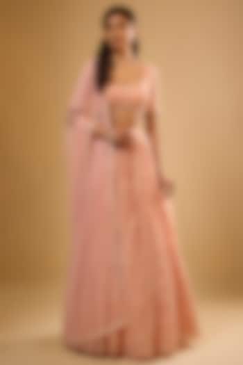 Peach Viscose Georgette Embroidered Lehenga Set For Girls by Starflower by Renee Label at Pernia's Pop Up Shop