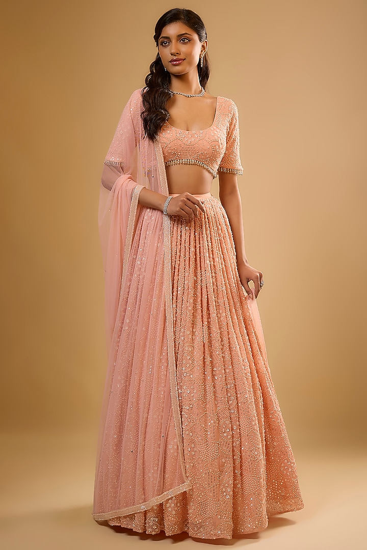 Peach Viscose Georgette Embroidered Lehenga Set For Girls by Starflower by Renee Label at Pernia's Pop Up Shop