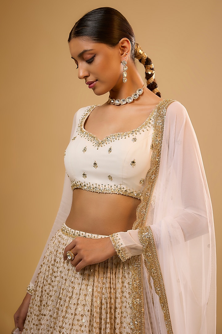 Ivory Viscose Georgette Embroidered Lehenga Set For Girls by Starflower by Renee Label at Pernia's Pop Up Shop
