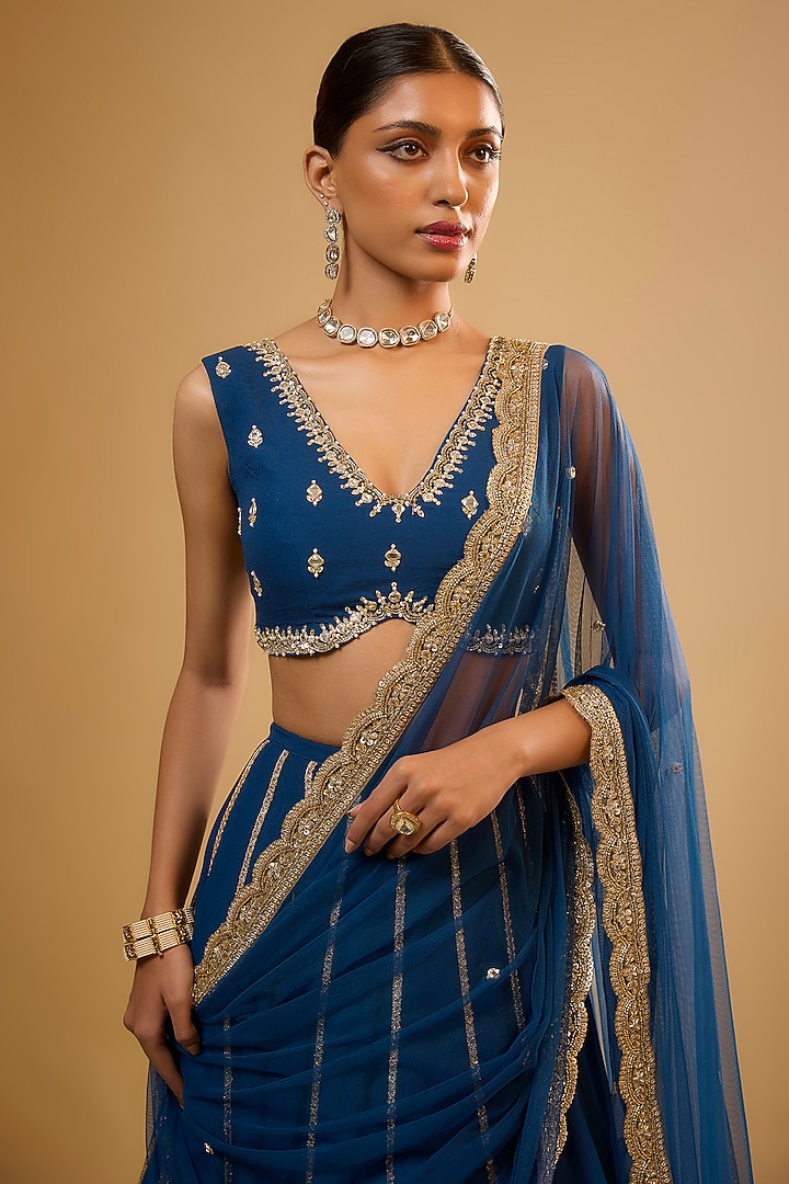 Blue Viscose Georgette Embroidered Lehenga Set For Girls by Starflower by Renee Label at Pernia's Pop Up Shop