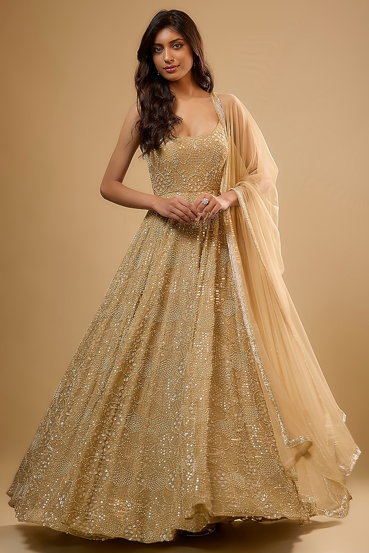 Champagne Gold Viscose Georgette Embroidered Anarkali Set For Girls by Starflower by Renee Label at Pernia's Pop Up Shop