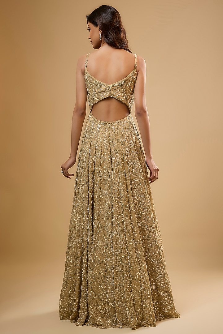 Champagne Gold Viscose Georgette Embroidered Anarkali Set For Girls by Starflower by Renee Label at Pernia's Pop Up Shop