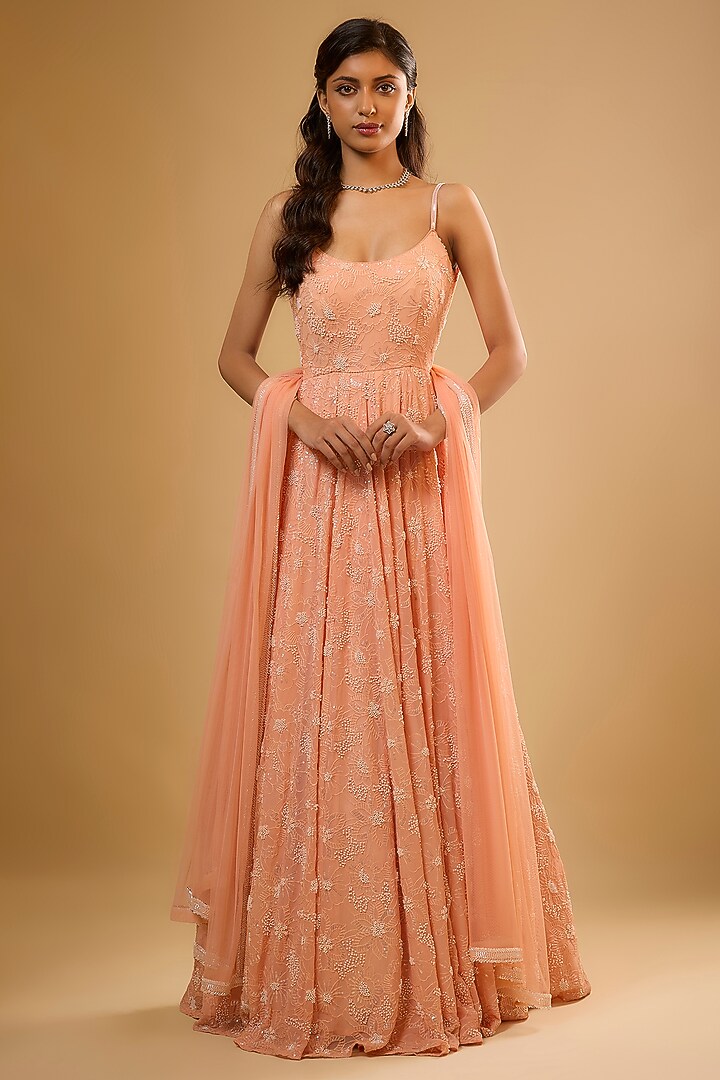 Peach Viscose Georgette Embroidered Anarkali Set For Girls by Starflower by Renee Label at Pernia's Pop Up Shop