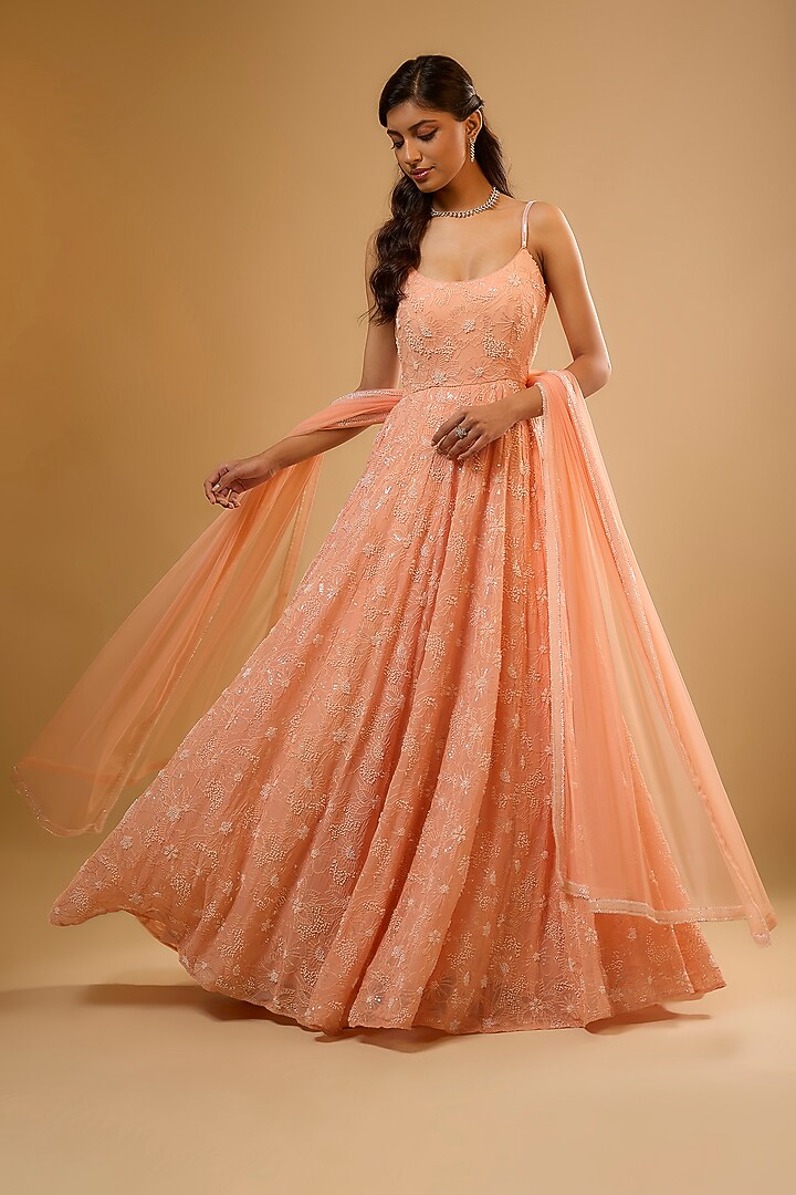 Peach Viscose Georgette Embroidered Anarkali Set For Girls by Starflower by Renee Label at Pernia's Pop Up Shop