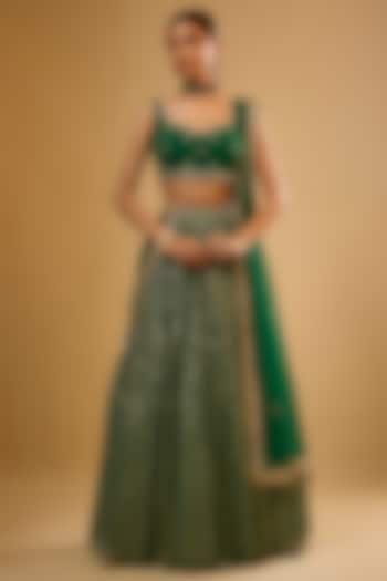 Emerald Green Viscose Georgette Embroidered Lehenga Set For Girls by Starflower by Renee Label at Pernia's Pop Up Shop