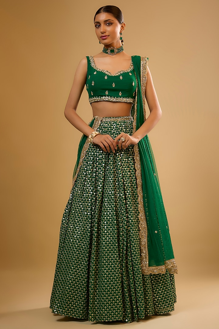 Emerald Green Viscose Georgette Embroidered Lehenga Set For Girls by Starflower by Renee Label at Pernia's Pop Up Shop