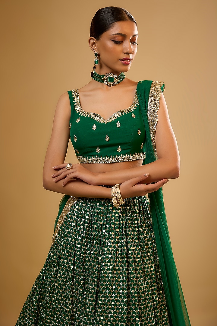Emerald Green Viscose Georgette Embroidered Lehenga Set For Girls by Starflower by Renee Label at Pernia's Pop Up Shop