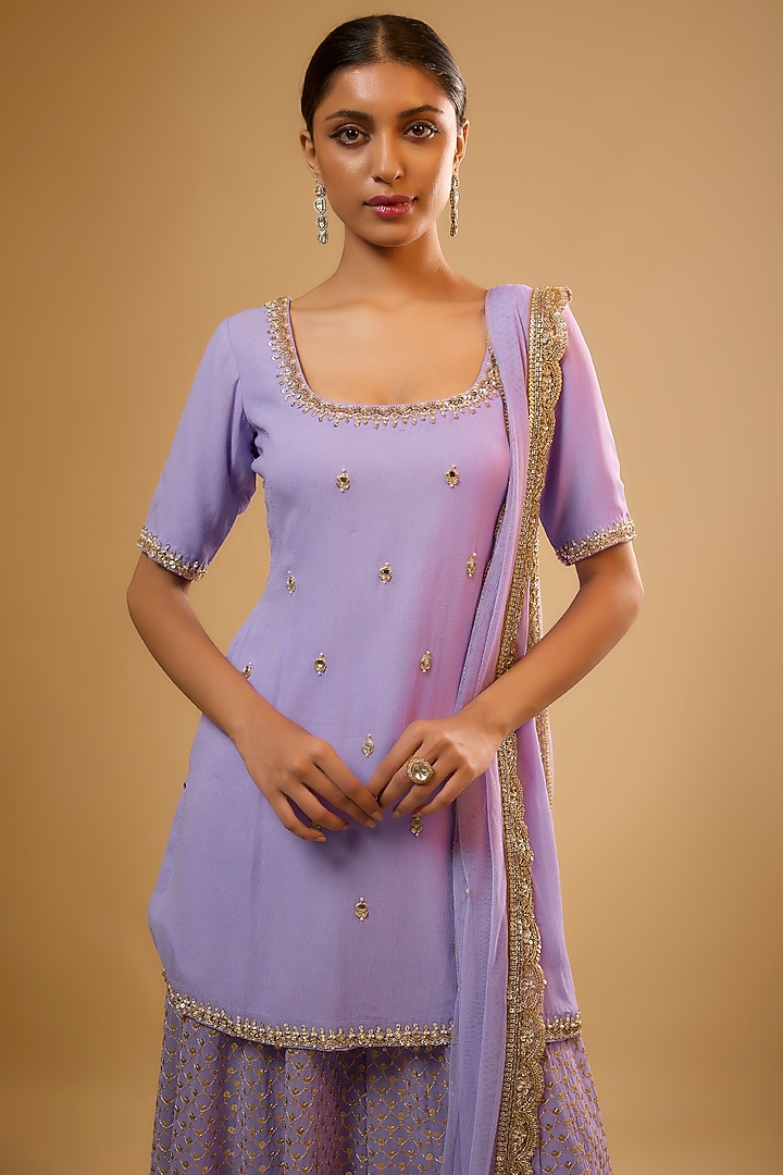 Purple Viscose Georgette Embroidered Kurta Set For Girls by Starflower by Renee Label at Pernia's Pop Up Shop
