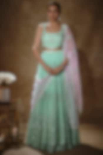 Mint Soft Net Sequins Embroidered Lehenga Set For Girls by Starflower by Renee Label at Pernia's Pop Up Shop