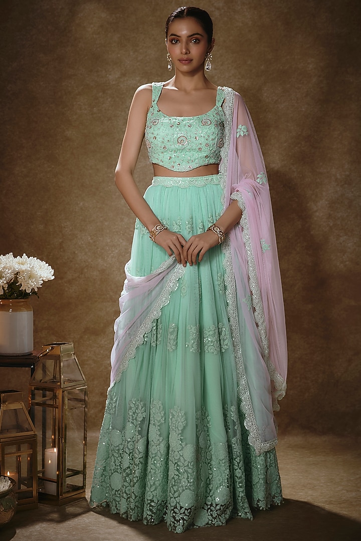 Mint Soft Net Sequins Embroidered Lehenga Set For Girls by Starflower by Renee Label at Pernia's Pop Up Shop