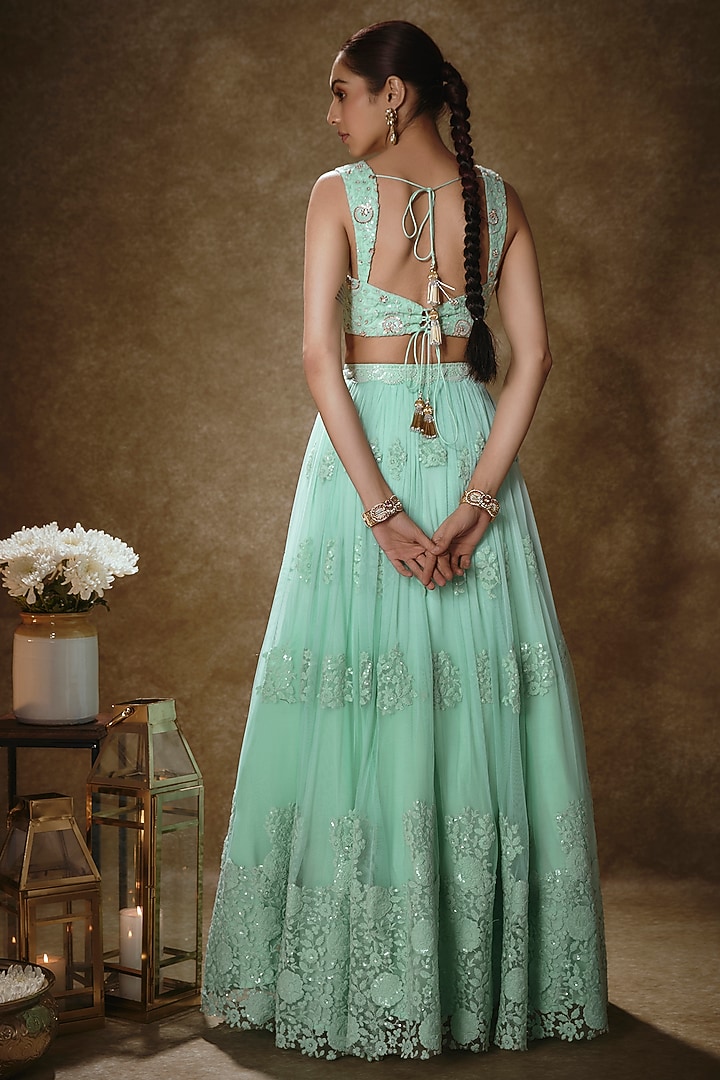 Mint Soft Net Sequins Embroidered Lehenga Set For Girls by Starflower by Renee Label at Pernia's Pop Up Shop