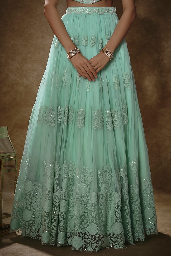 Mint Soft Net Sequins Embroidered Lehenga Set For Girls by Starflower by Renee Label at Pernia's Pop Up Shop