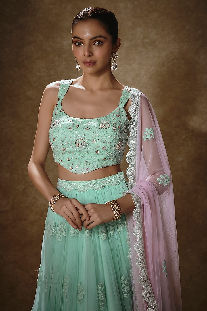 Mint Soft Net Sequins Embroidered Lehenga Set For Girls by Starflower by Renee Label at Pernia's Pop Up Shop