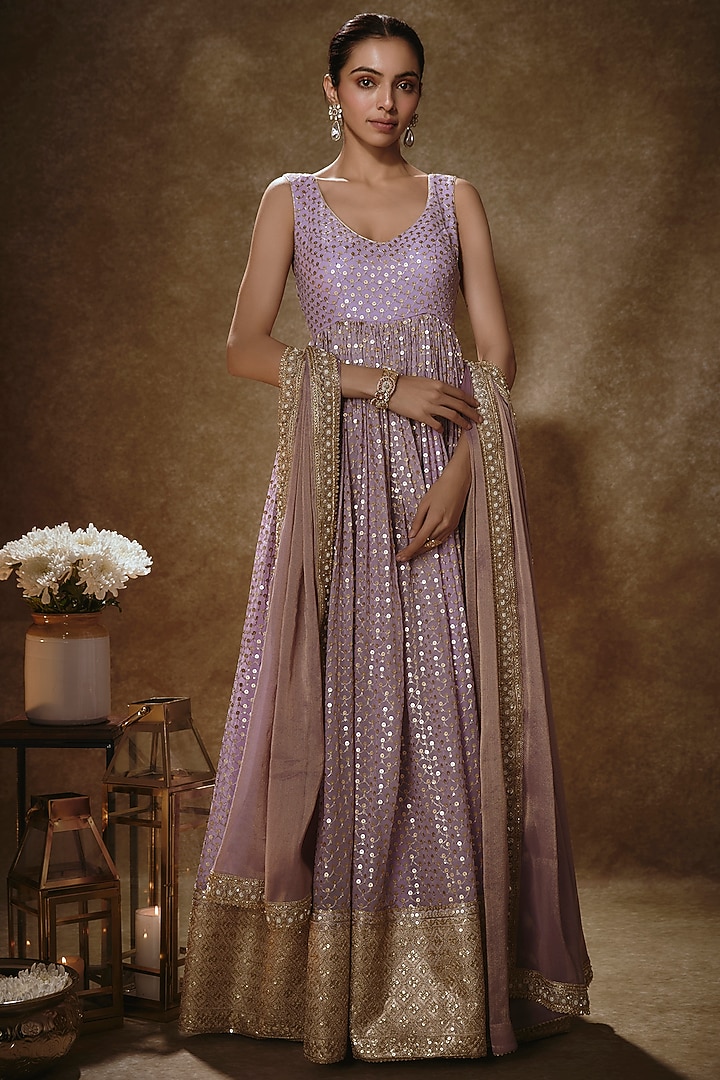 Lilac Viscose Georgette Embroidered Anarkali Set For Girls by Starflower by Renee Label at Pernia's Pop Up Shop
