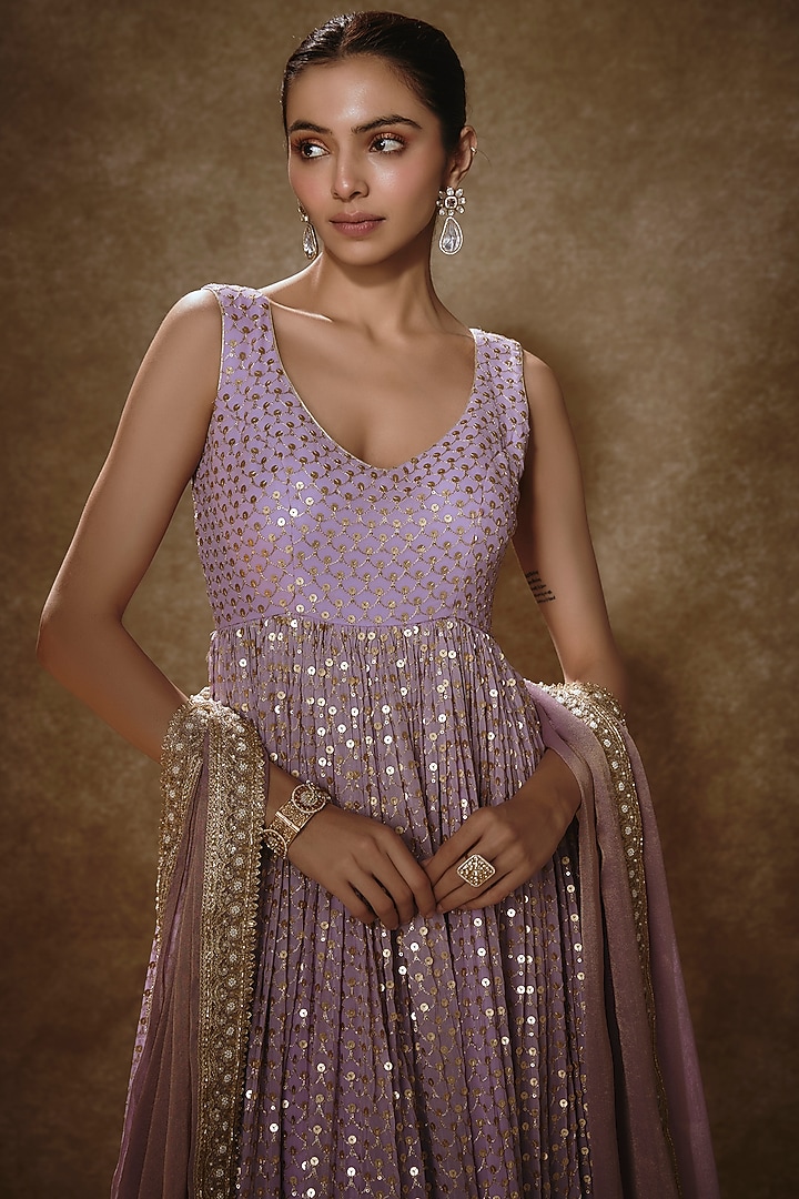 Lilac Viscose Georgette Embroidered Anarkali Set For Girls by Starflower by Renee Label at Pernia's Pop Up Shop