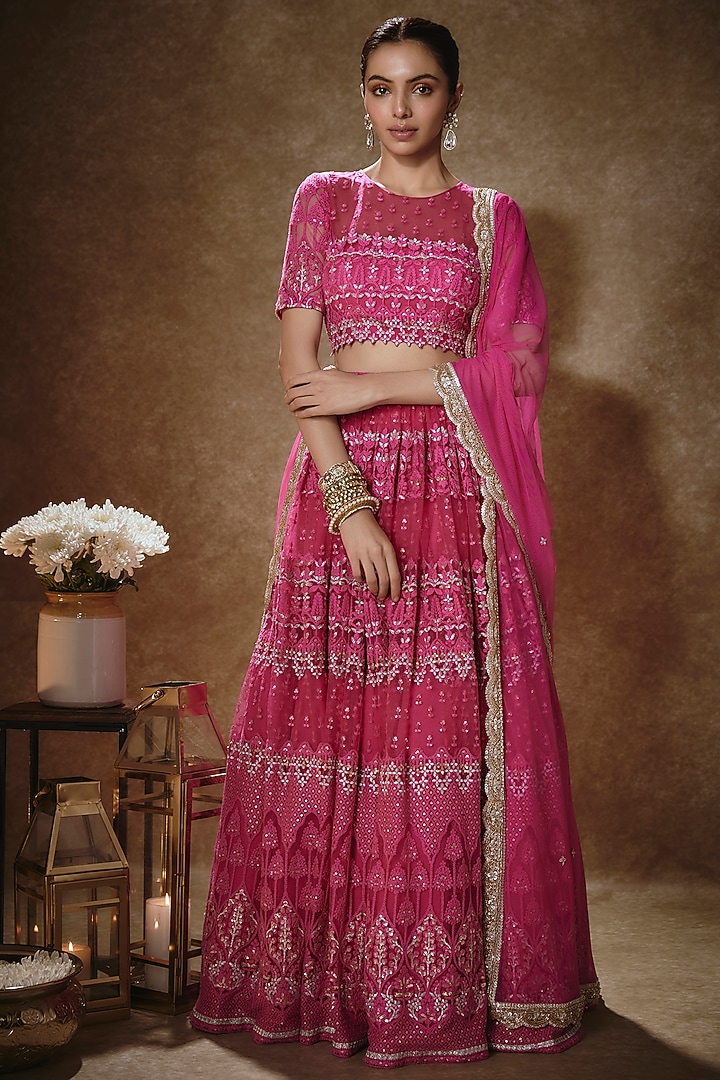 Pink Soft Net Thread Embroidered Lehenga Set For Girls by Starflower by Renee Label at Pernia's Pop Up Shop